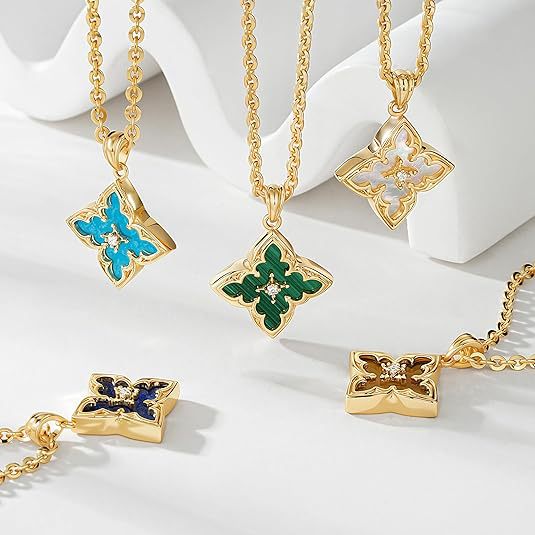Vintage Four-Leaf Clover Gemstone Necklace, S925 Sterling Silver Multi-Stone Rhombus Pendant Jewelry