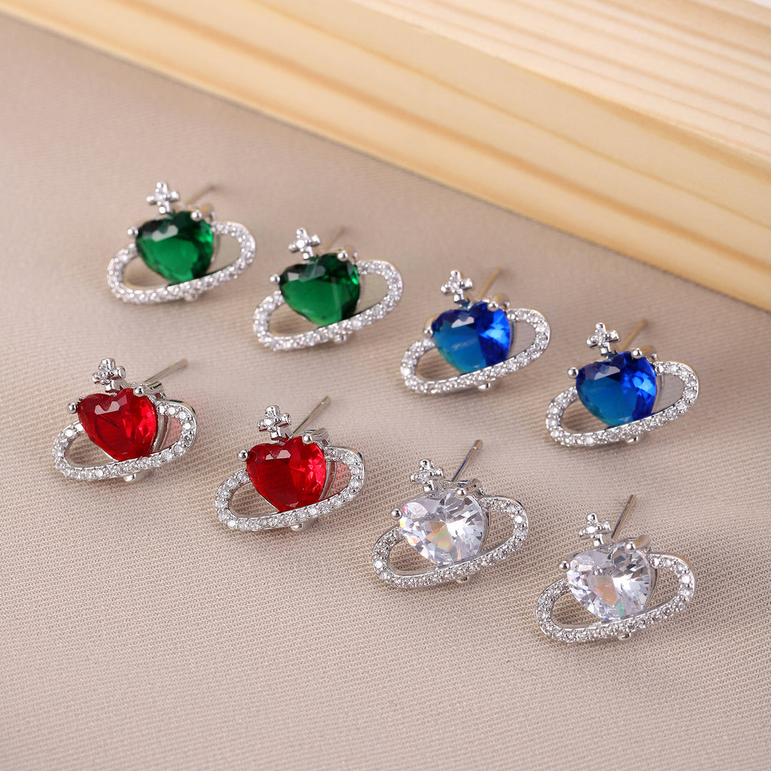 Heart Planet Gemstone Stud Set (Light Luxury Niche Sweet & Cool Earrings)