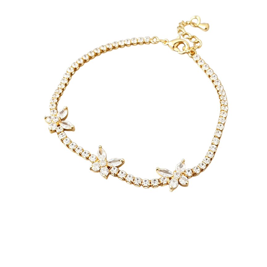 Three‑Butterfly Pave Diamond Tennis Bracelet, Marquise Cut Diamond Butterfly Dainty Women Bracelet, Gold & Silver Tone, Clear & Purple Diamond Available