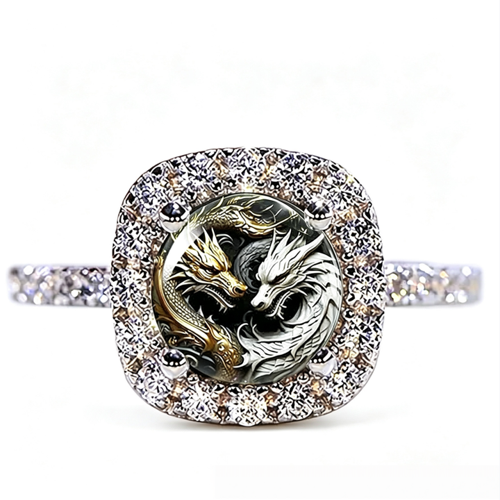 Square Halo‑Set Yin‑Yang Dual‑Dragon Printed Ring