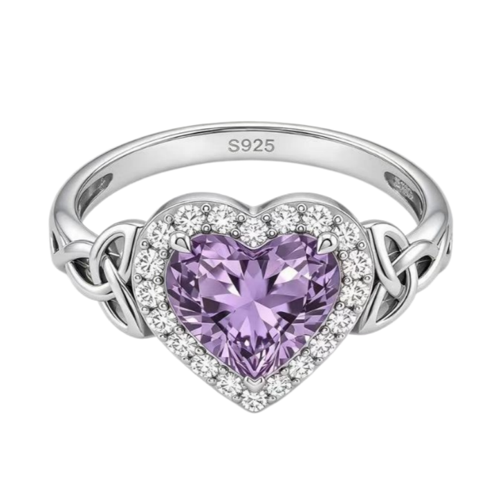 Heart‑Shaped Purple Diamond Ring With Celtic Knot Details For Women
