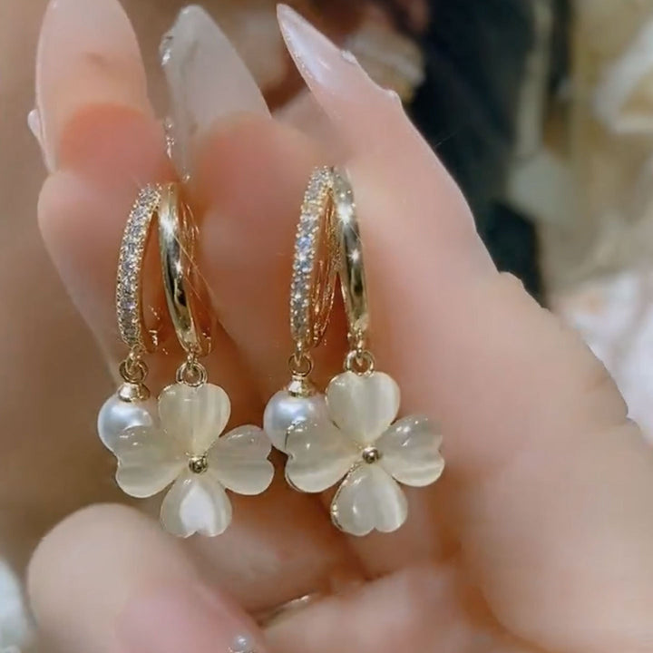 Crystal Clover & Pearl Huggie Earrings (Gentle Daily Commute Jewelry)
