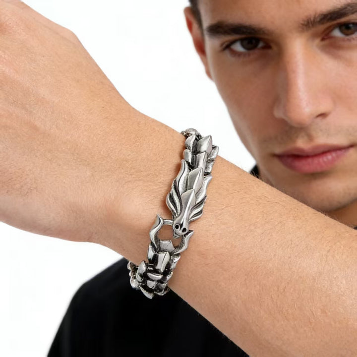 3D Monster Bone Titanium Steel Men's Bracelet, Gold Silver Two-Tone Tough Scale Thick Chain Vintage Wrist Jewelry