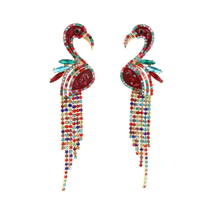 Heavy Craft Flamingo Paved Crystal Tassel Earrings, Color Enamel Mixed Rhinestone Long Bold Banquet Statement Jewelry Two Styles