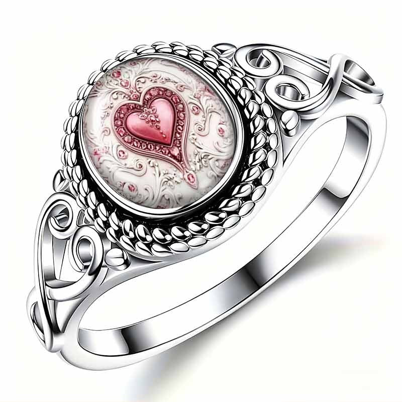 S925 Silver Vintage Heart‑Print Gemstone Ring, Openwork Scroll Pattern Unique Ring for Women