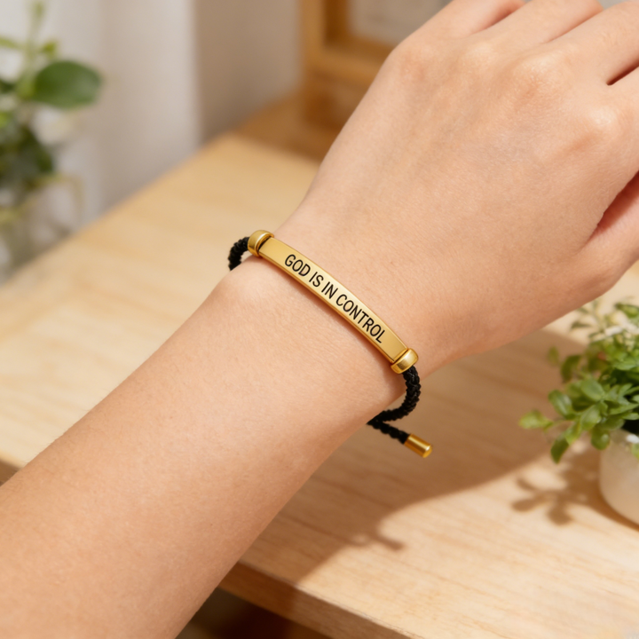 GOD IS IN CONTROL" Engraved Braided Bracelet (Christian Faith Inspirational Reminder Band)