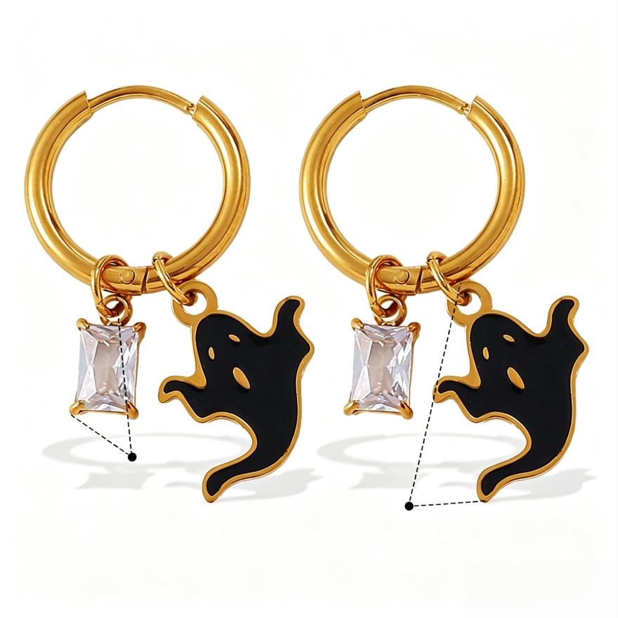 Halloween Ghost Charm Hoop Earrings, Gold Plated S925 Silver Cute Fun Earrings with Rectangular Diamond