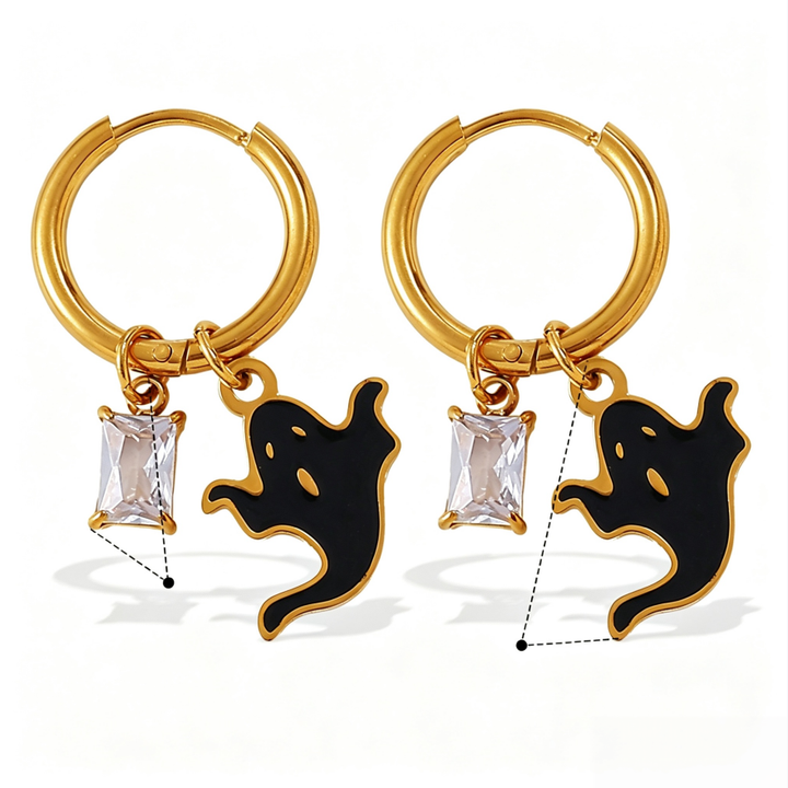 Halloween Ghost Charm Hoop Earrings, Gold Plated S925 Silver Cute Fun Earrings with Rectangular Diamond