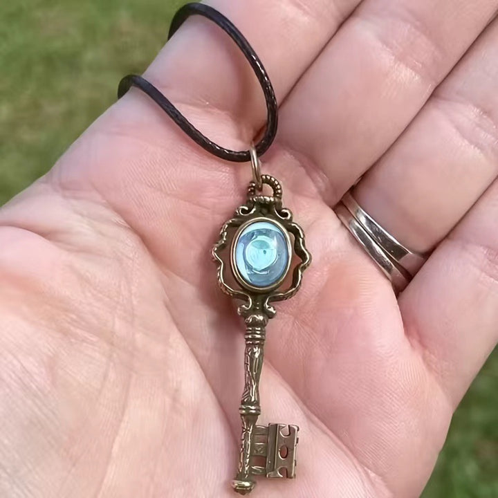Vintage Antique Bronze Key Pendant Necklace with Blue Crystal