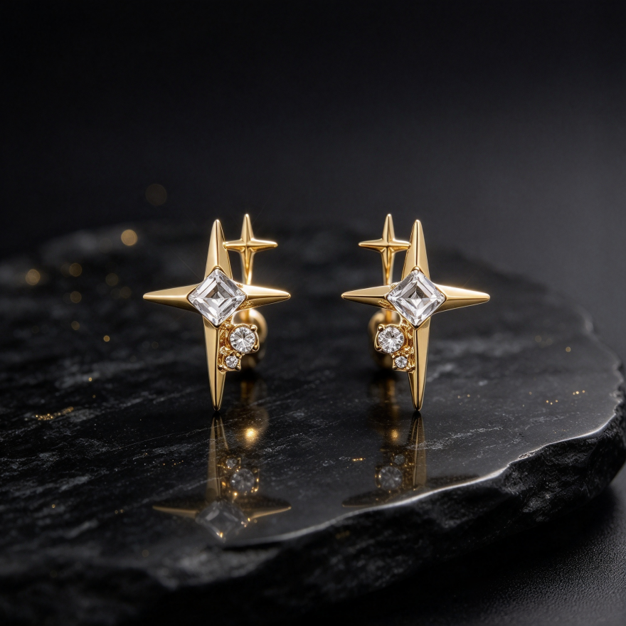 Double Star Burst S925 Silver Stud Earrings, Square Diamond Sparkling Star Earrings, Luxury Elegant Earrings for Women, Gold / Silver Two Colors Available