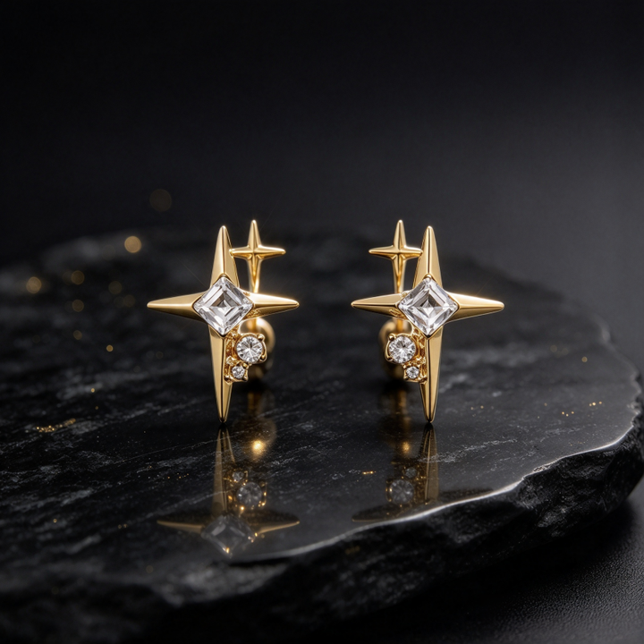 Double Star Burst S925 Silver Stud Earrings, Square Diamond Sparkling Star Earrings, Luxury Elegant Earrings for Women, Gold / Silver Two Colors Available