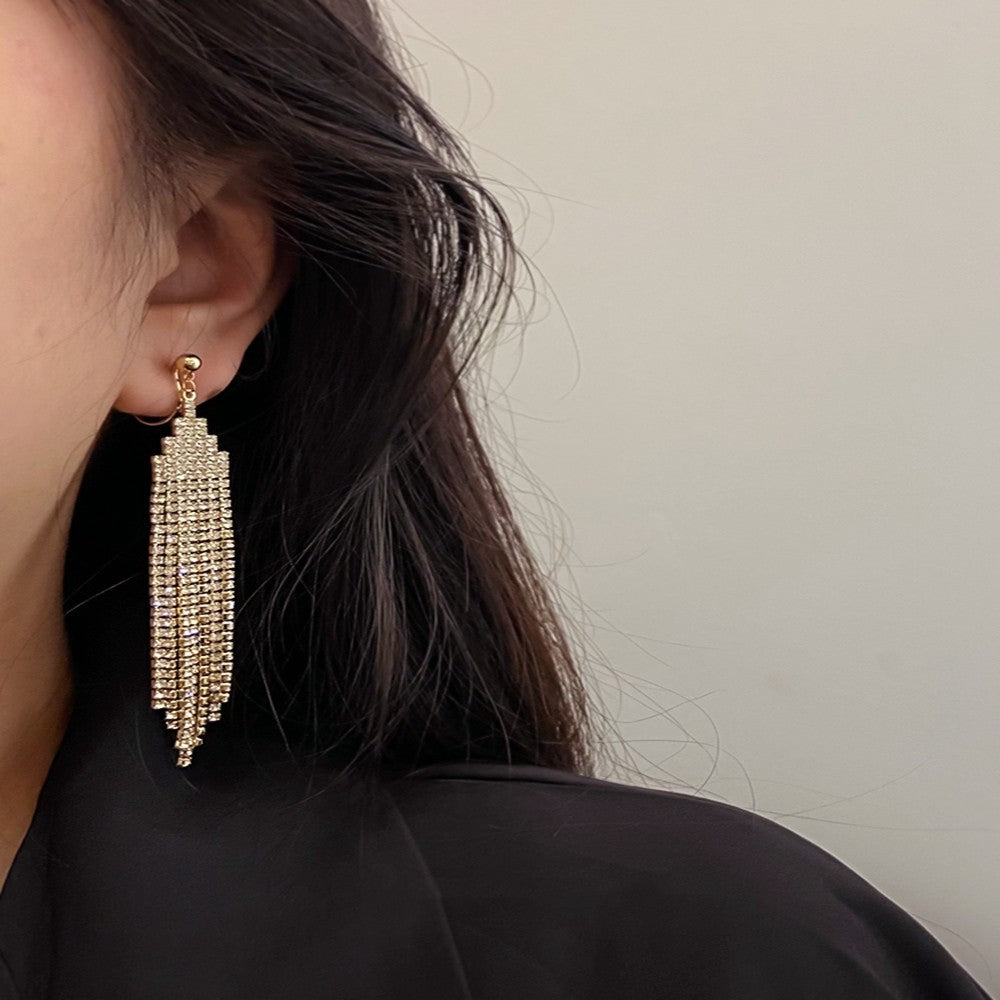 Tiered Paved Diamond Long Tassel Earrings, Silicone Clip-On & Hook Versions Gold Silver Sparkling Banquet Dangle Jewelry