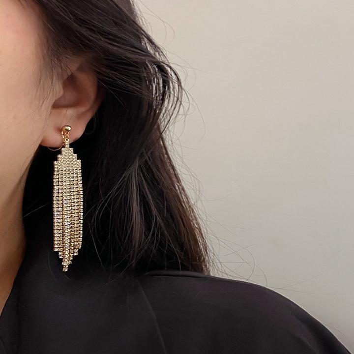 Tiered Paved Diamond Long Tassel Earrings, Silicone Clip-On & Hook Versions Gold Silver Sparkling Banquet Dangle Jewelry