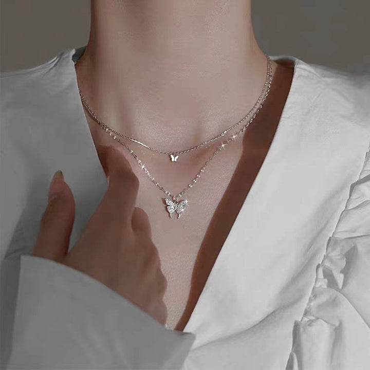 Double Layer Stacked Big & Small Butterfly Necklace, Pavé Butterfly Two-Tier Collarbone Chain, Silver Stacking Jewelry