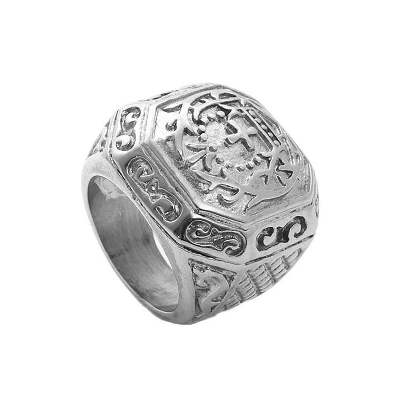 Vintage Embossed Cross Floral Hexagon Signet Ring, S925 Silver Antiqued European Royal Wide Band For Men