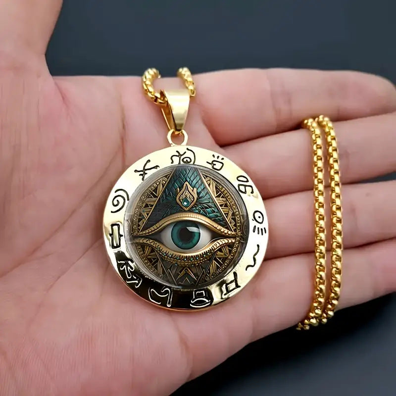 Vintage Horus Eye Pyramid Rune Round Pendant Necklace