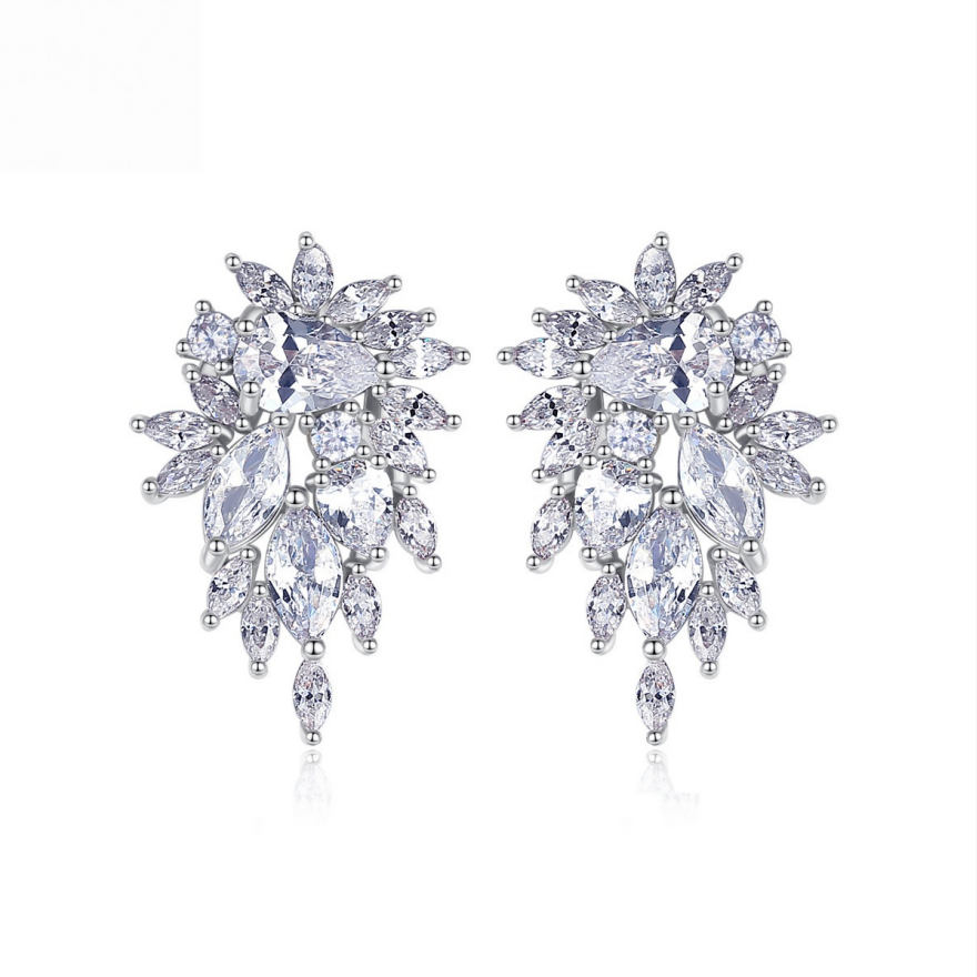 Marquise Cluster Full Diamond Stud Earrings, Luxurious Radiant Multi-cut Diamond Banquet Stud Earrings, Silver Luxury Earrings