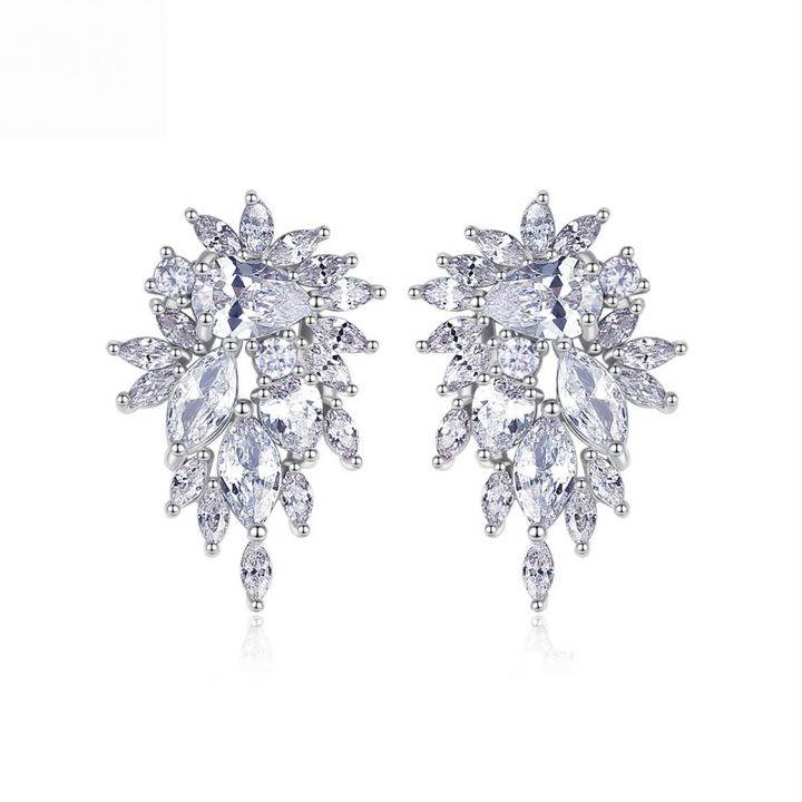 Marquise Cluster Full Diamond Stud Earrings, Luxurious Radiant Multi-cut Diamond Banquet Stud Earrings, Silver Luxury Earrings