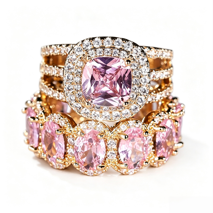 Luxury Two‑Piece Halo Ring Set, S925 Silver Multi‑Color Center Stone Women’s Engagement Ring Set in Gold & Silver Tone