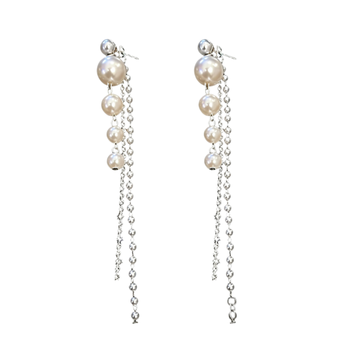 Graduated‑Pearl Long Tassel Drop Earrings, Silver & Gold Two‑Tone Options