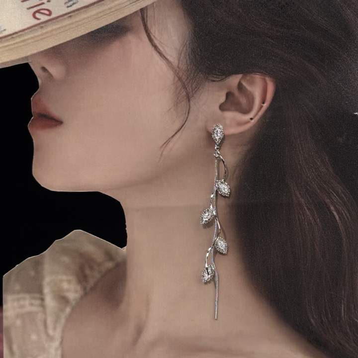 Long Willow Leaf Tassel Diamond S925 Silver Earrings, Elegant Spiral Curve Drop Earrings, Gold & Silver Two Colors Available