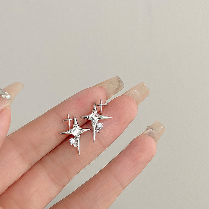 Double Star Burst Diamond Stud Earrings, Delicate Four-point Star S925 Silver Earrings