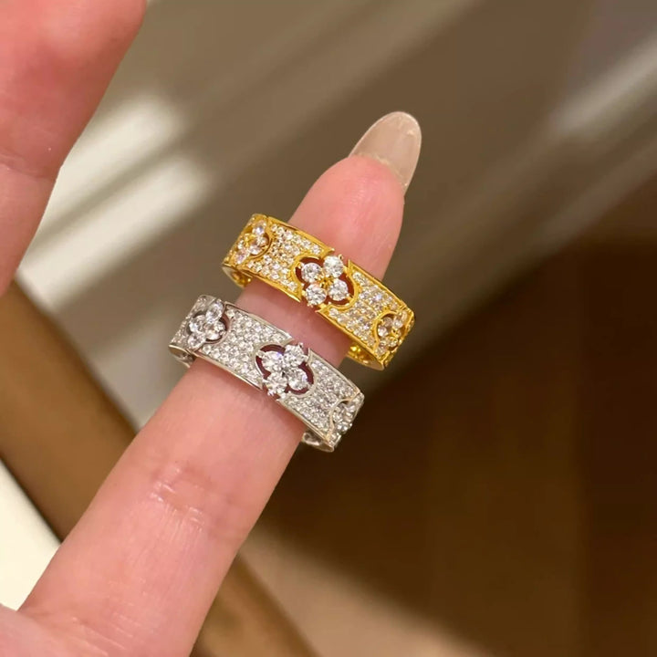 Vintage Paved Diamond Spliced Open Wide Ring, Gold & Silver Luxury Carved Adjustable Band for Women