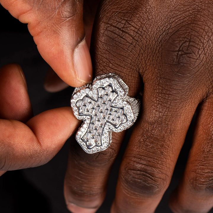 Heavy Iced Baguette Cross Hip Hop Ring, S925 Silver 14K Gold Plated Western Rap Unisex Wide Band, Gold & Silver Two Tones