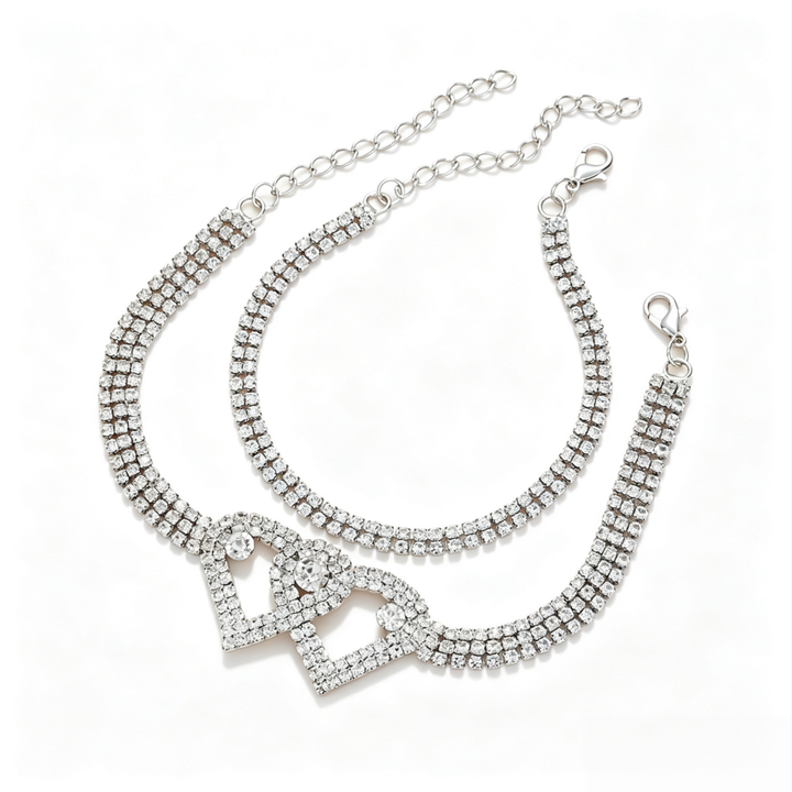 Double Layer Intertwined Heart Rhinestone Anklet, Women Sparkling Crystal Ankle Bracelet, Gold & Silver Two Colors