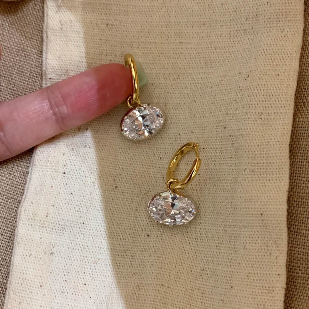 Oval Diamond Charm S925 Silver Huggie Earrings, Gold & Silver Two Tones Minimalist Oval Stone Dangle Earrings
