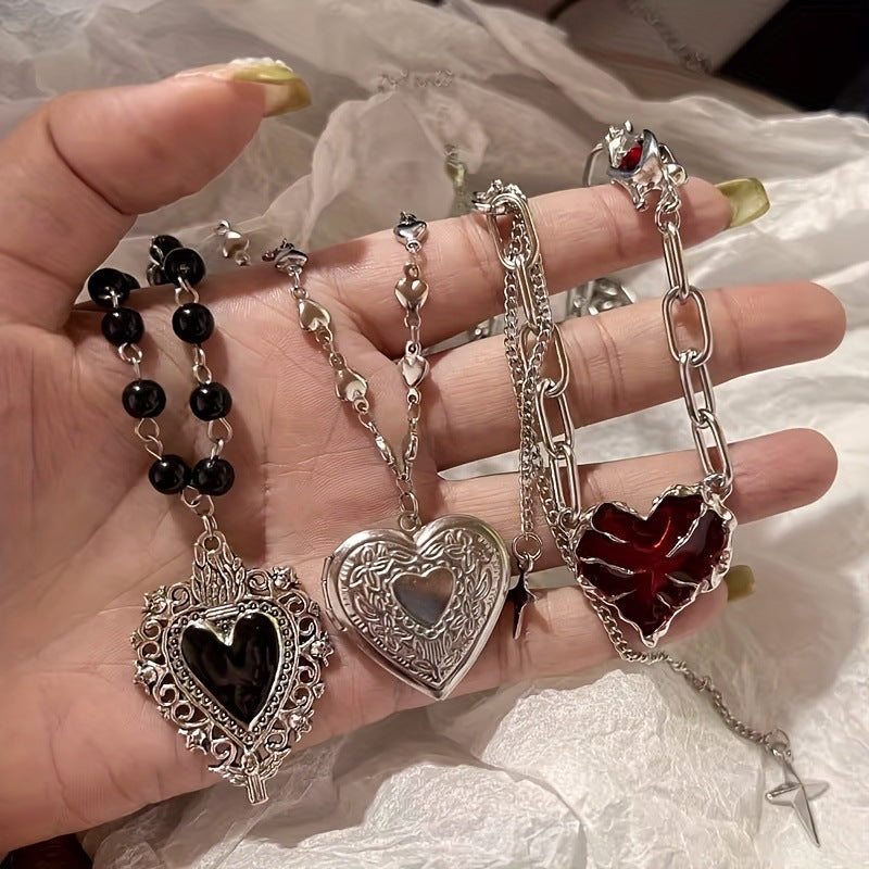 Vintage Dark Heart Necklace Set, Gothic Alt Heart Pendant Chokers, Indie Punk Style Necklace Collection