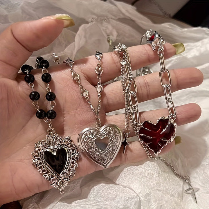 Vintage Dark Heart Necklace Set, Gothic Alt Heart Pendant Chokers, Indie Punk Style Necklace Collection