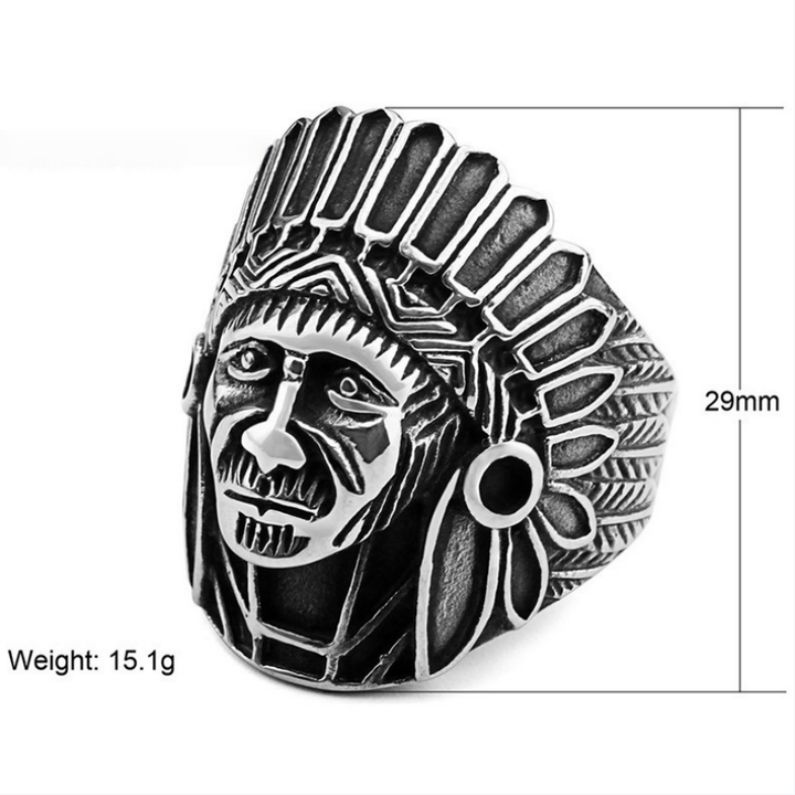 Antiqued Native American Chief 3D Embossed Wide Ring, Solid S925 Silver Tribal Heavy Men’s Band