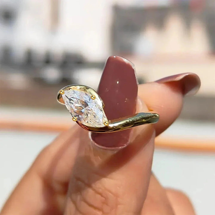 Twist Shank Marquise Stone Four-Prong Ring, Gold & Silver Minimalist Engagement Promise Band