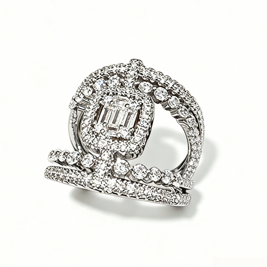 Luxury Double Layer Square Diamond Tassel Ring, European Heavy Paved Geometric Hollow Elegant Ring for Women