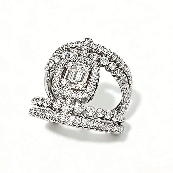 Luxury Double Layer Square Diamond Tassel Ring, European Heavy Paved Geometric Hollow Elegant Ring for Women
