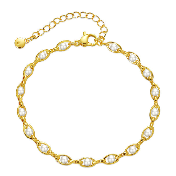 Bezel Set Natural Pearl Thin Chain Bracelet, Gold-Plated S925 Sterling Silver Minimalist Luxury Bracelet for Women