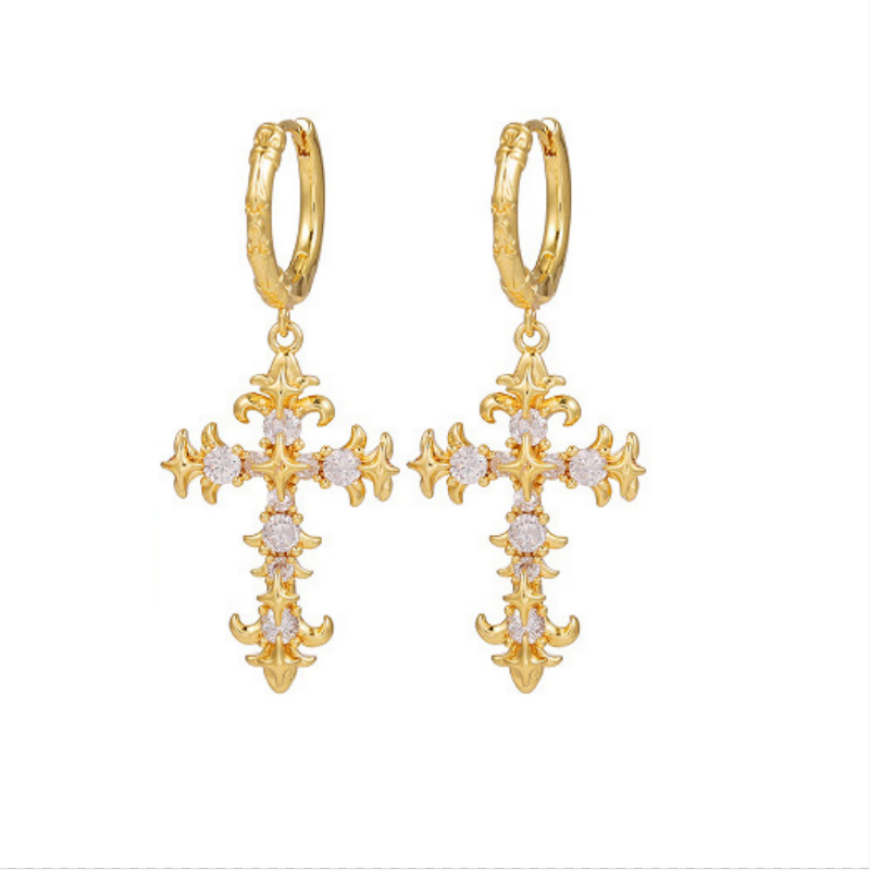 Vintage Carved Cross Diamond Earring Set, Gold Gothic Multi-style Cross Earring Pack