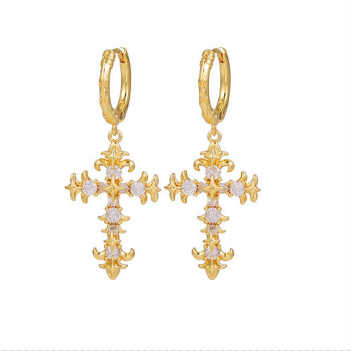 Vintage Carved Cross Diamond Earring Set, Gold Gothic Multi-style Cross Earring Pack