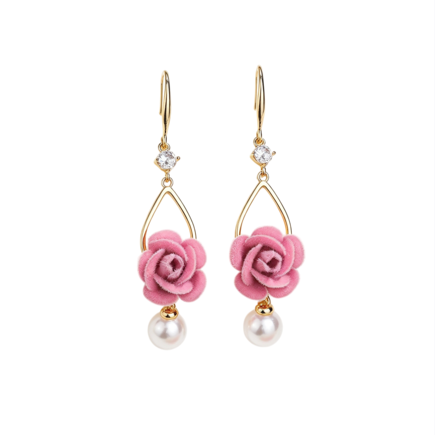 Flocking Rose Pearl Hook Earrings, Gentle Red & Pink Rose Diamond Long Dangle Earrings, Two Colors Available