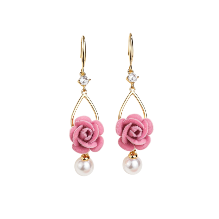 Flocking Rose Pearl Hook Earrings, Gentle Red & Pink Rose Diamond Long Dangle Earrings, Two Colors Available