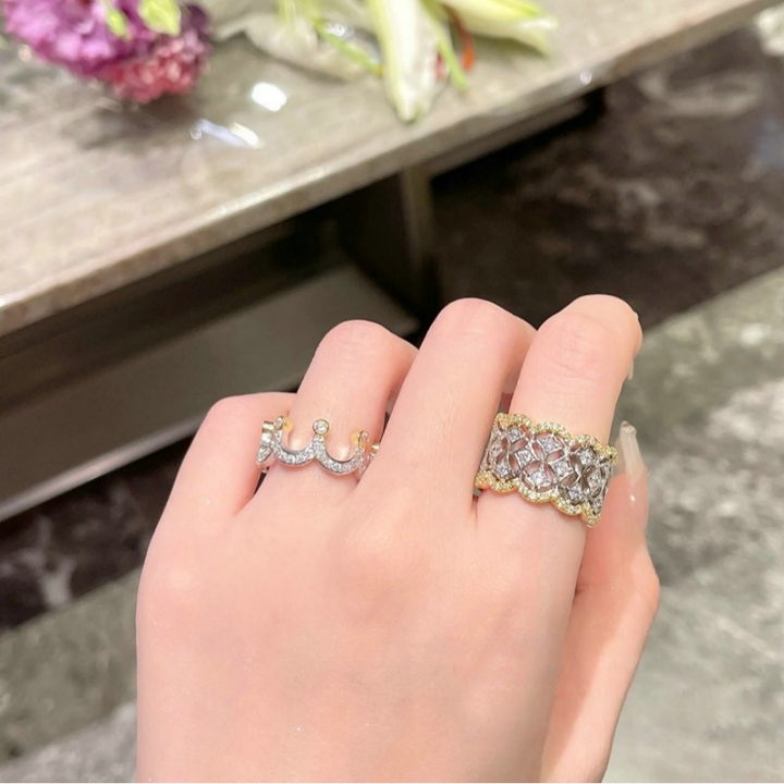 Two-Tone Window Filigree Wide Ring, Vintage Royal Diamond Carved Band For Women, S925 Silver Base