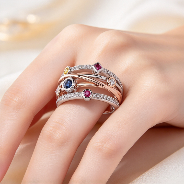 S925 Silver Two-tone Intertwined Multi-gem Wide Band Ring, Luxury Color Block Statement Ring