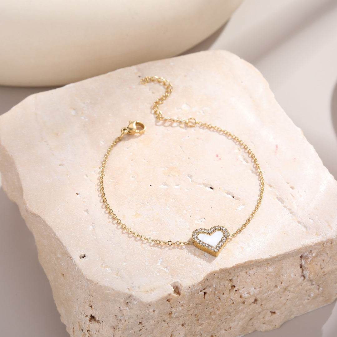 White Shell & Diamond Heart Pendant Necklace & Bracelet Set (Elegant Daily Jewelry Set)