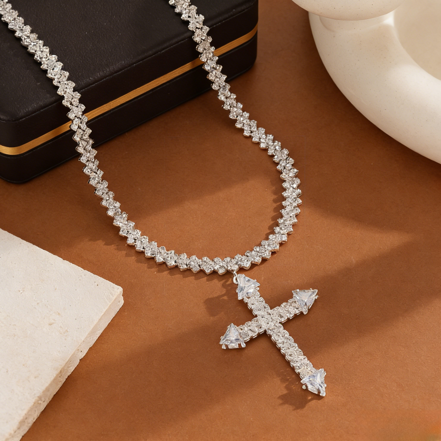 Full-Pavé Cross Pendant V-Shape Tennis Chain Necklace (Silver Tone Evening Jewelry)