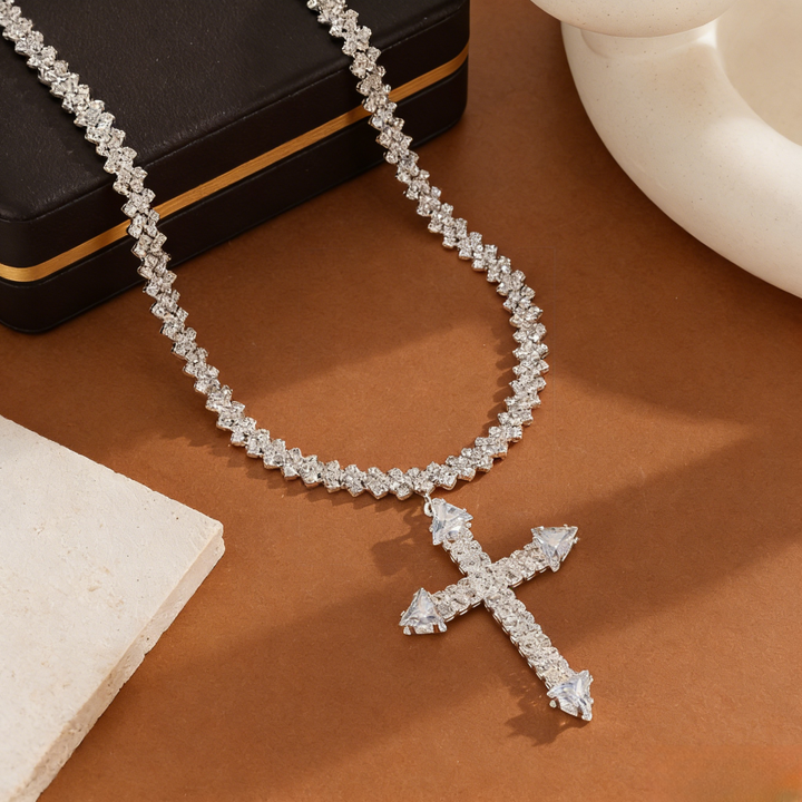 Full-Pavé Cross Pendant V-Shape Tennis Chain Necklace (Silver Tone Evening Jewelry)
