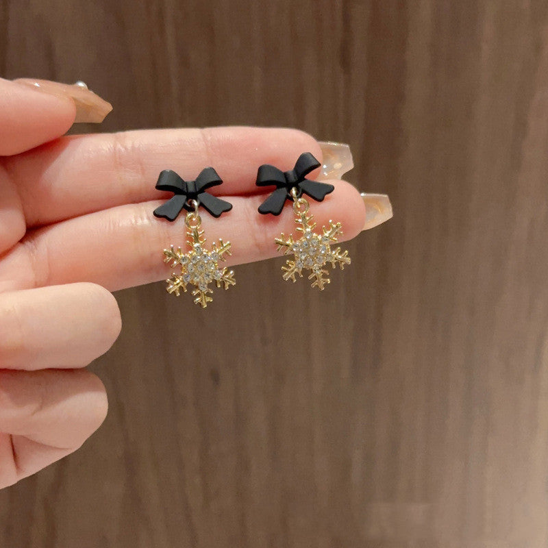 S925 Silver Bow Snowflake Diamond Drop Earrings