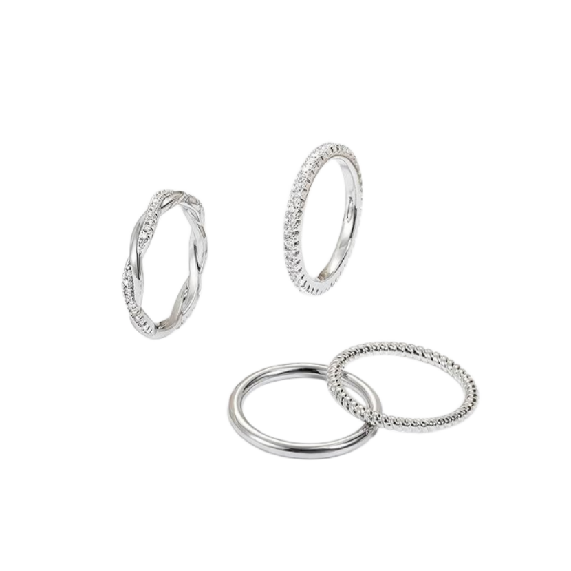 4Pcs Stackable Thin Band S925 Silver Ring Set, Twisted Rope & Paved Diamond Stacking Rings, Gold & Silver Tone