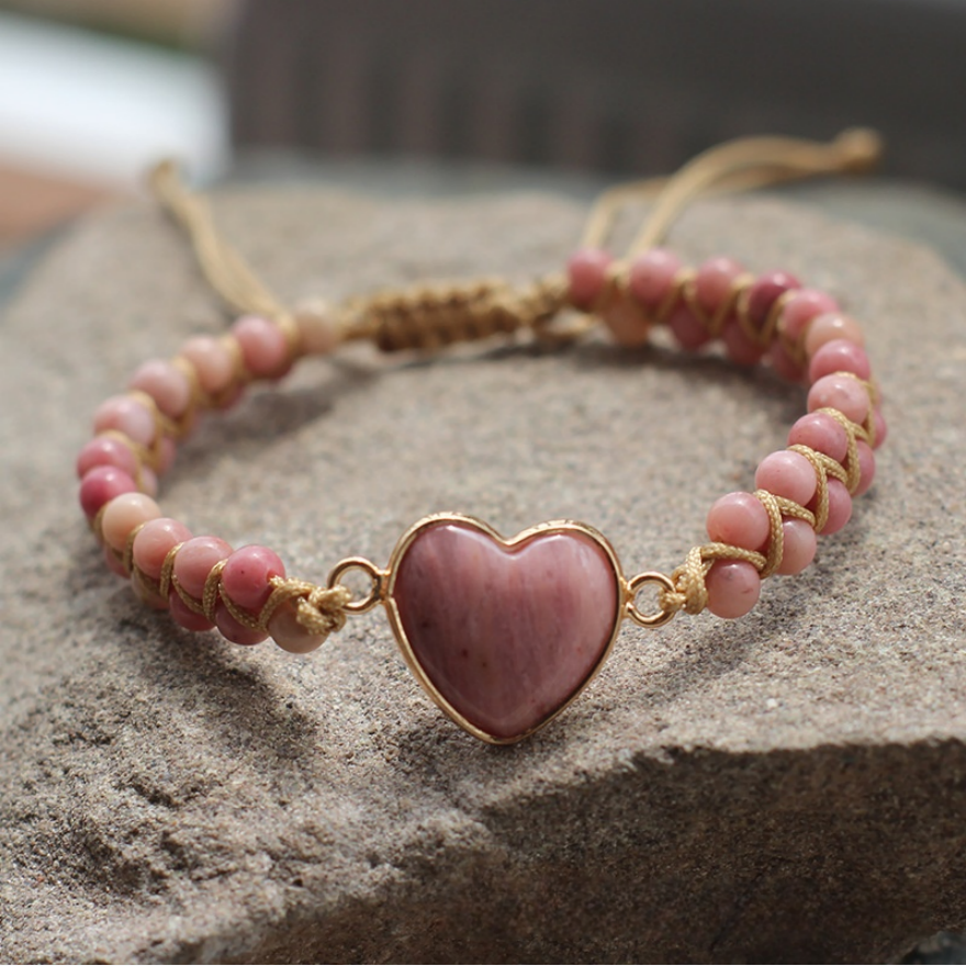 Heart Natural Stone Woven Adjustable Bracelet, Multi‑Color Boho Beaded Bracelet