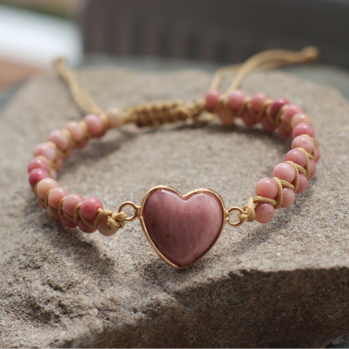 Heart Natural Stone Woven Adjustable Bracelet, Multi‑Color Boho Beaded Bracelet